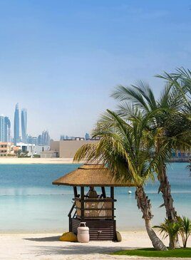 Ein Sandstrand mit zwei Palmen und einem Rettungsschwimmer Posten. Hinter dem Wasser seiht man Wolkenkratzer.