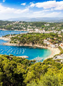 Eine Bucht aus Vogelperspektive mit Schiffe im Meer, Häusern und Bäumen