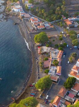 Die Küste aus Vogelpersektive. Am Strand sind Häuser und Bäume.