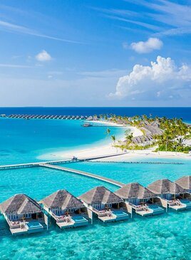 Bungalows stehen über dem Wasser in einer Reihe. Hinter den Bungalows ist eine kleine Insel mit Palmen.